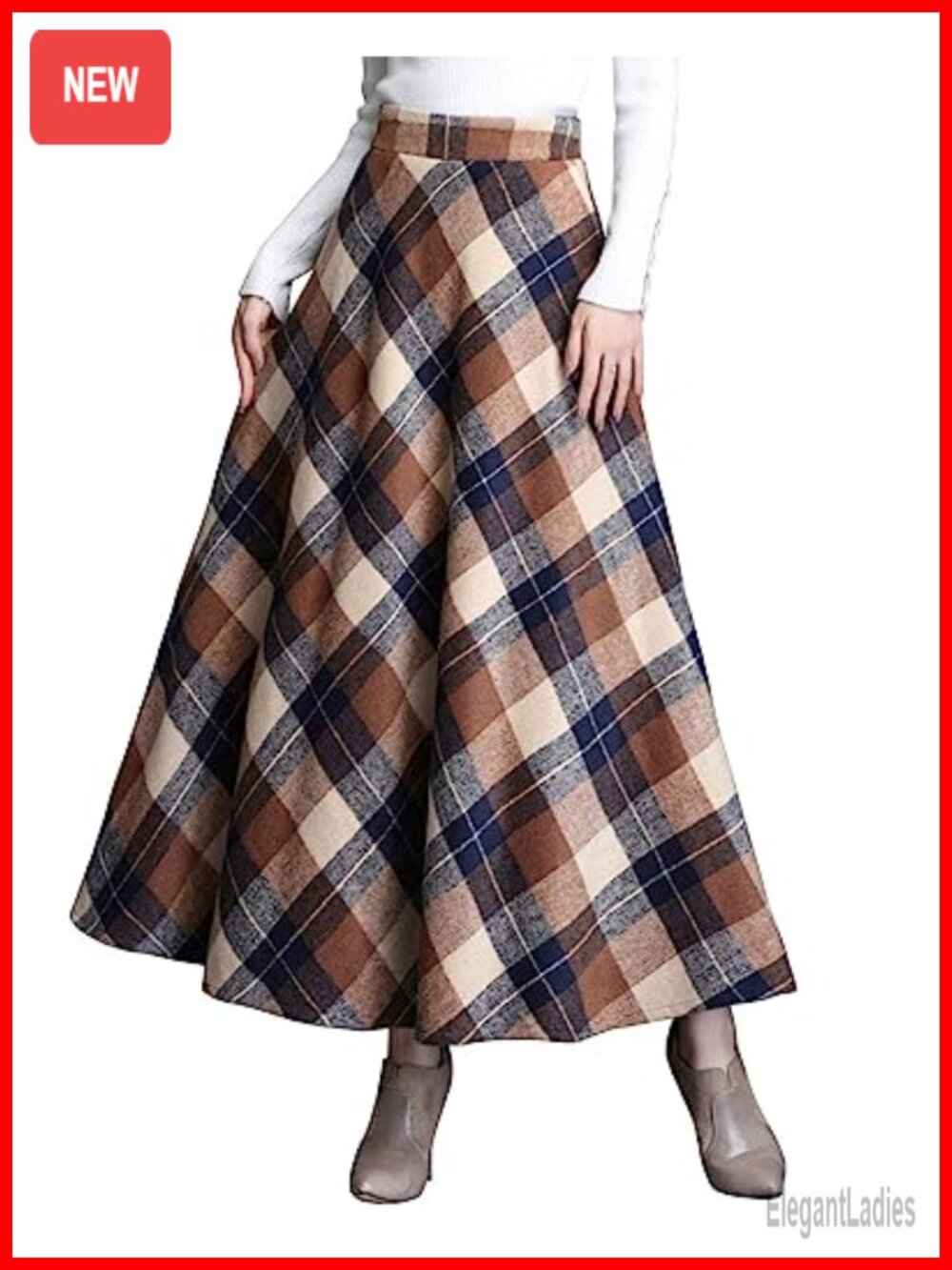 Wool Blend Plaid High Waist A-Line Pleated Maxi Skirt Pockets